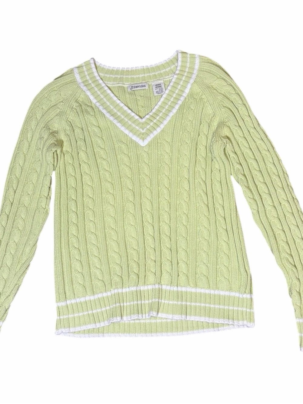 St. John's Bay Light Green V-Neck Cable Knit Sweater with White Trim